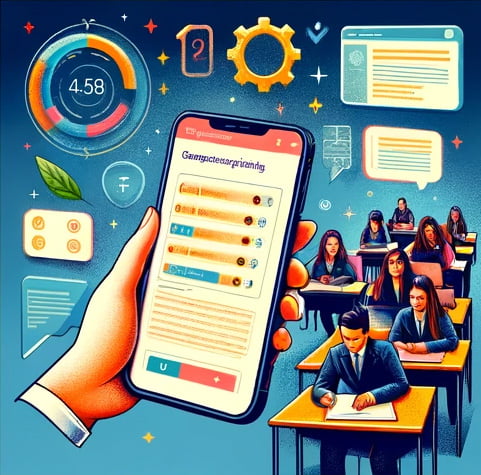 Vector image of students taking exams, with a mobile device for checking results using U-Marker digital assessment tool