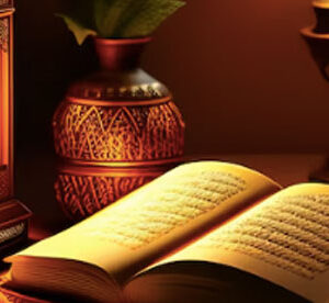 An open Quran placed on a wooden stand, illuminated by the soft glow of a traditional lantern, creating a serene and spiritual ambiance representing Tarjama tul Quran subject