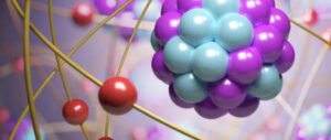 Close-up illustration of an atomic structure with particles and orbits, representing a physics ECAT