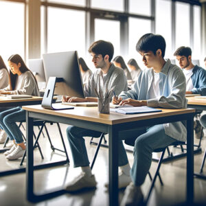 Students focused on studying and taking a test in a classroom environment, representing a test session for FSc medical exams representing FSc medical