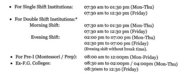 New School Timings Announced in Islamabad