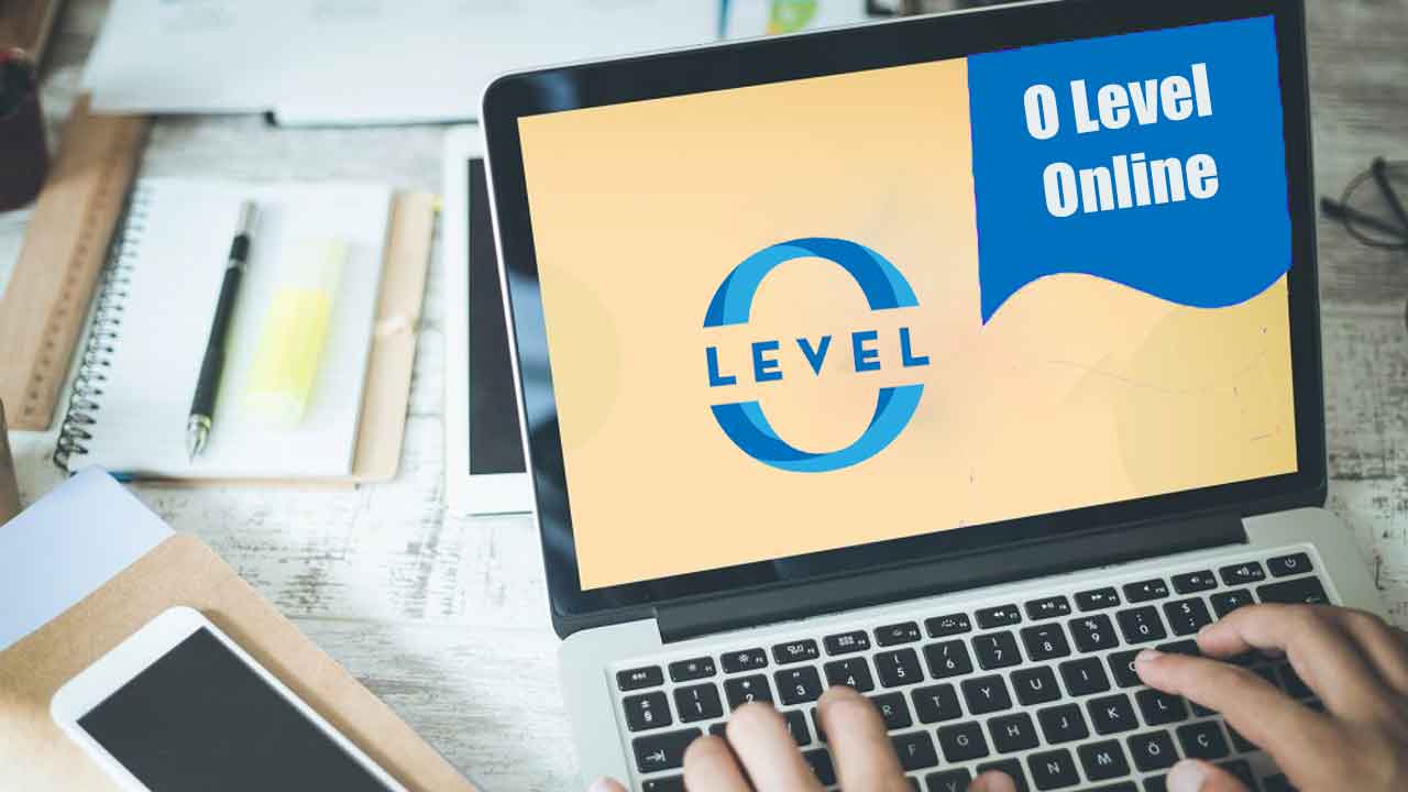 image of laptop with o level online course text