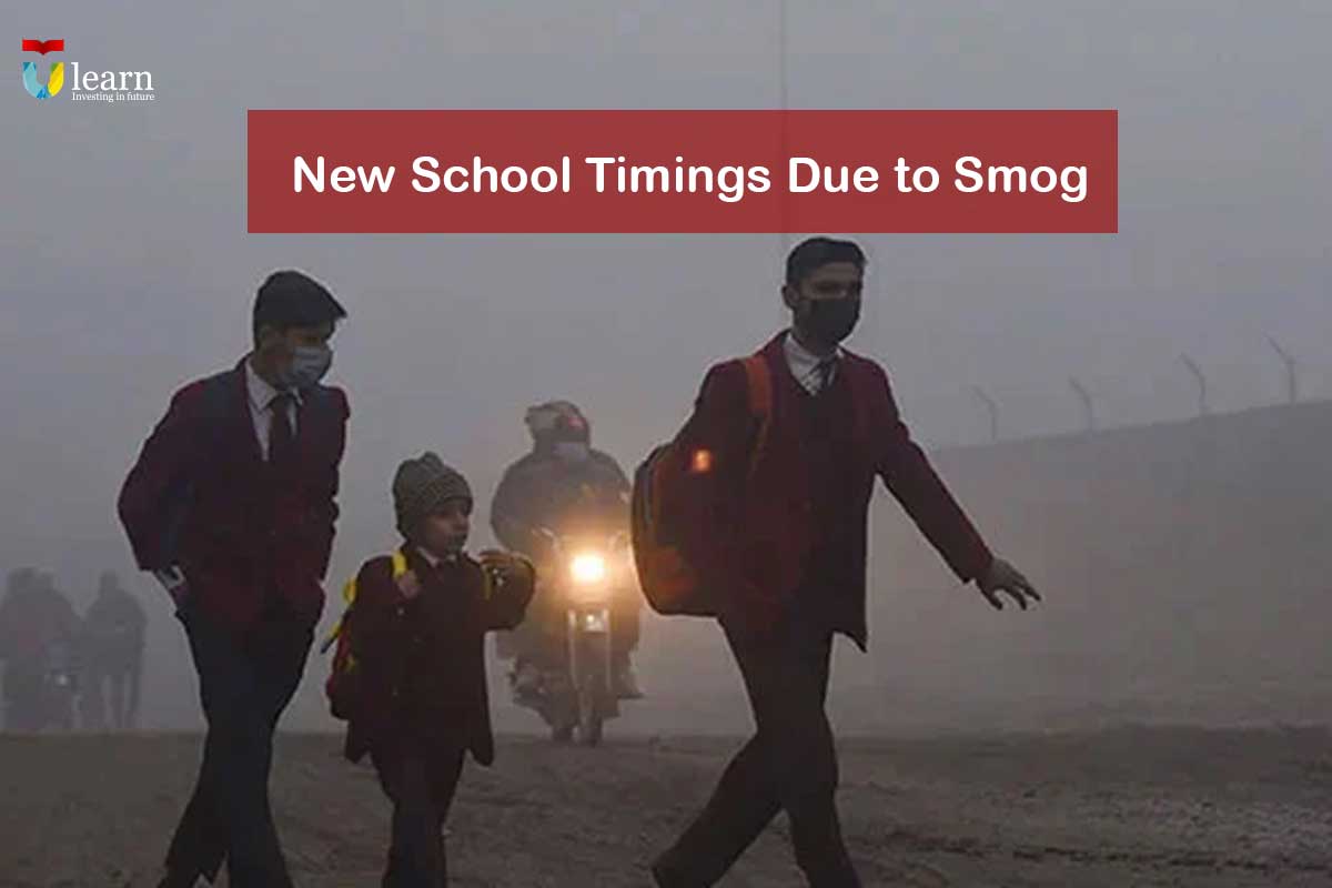 Students of a school crossing road in smog representing new school timings due to smog